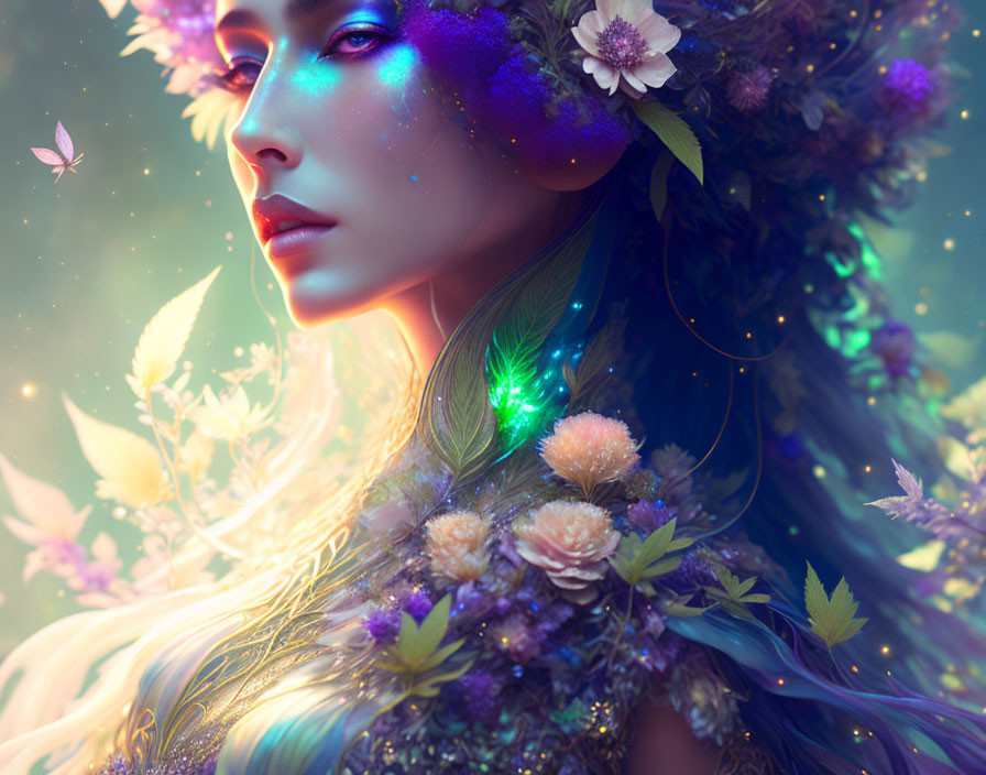 Mystical woman with flowers, leaves, and butterflies in magical light