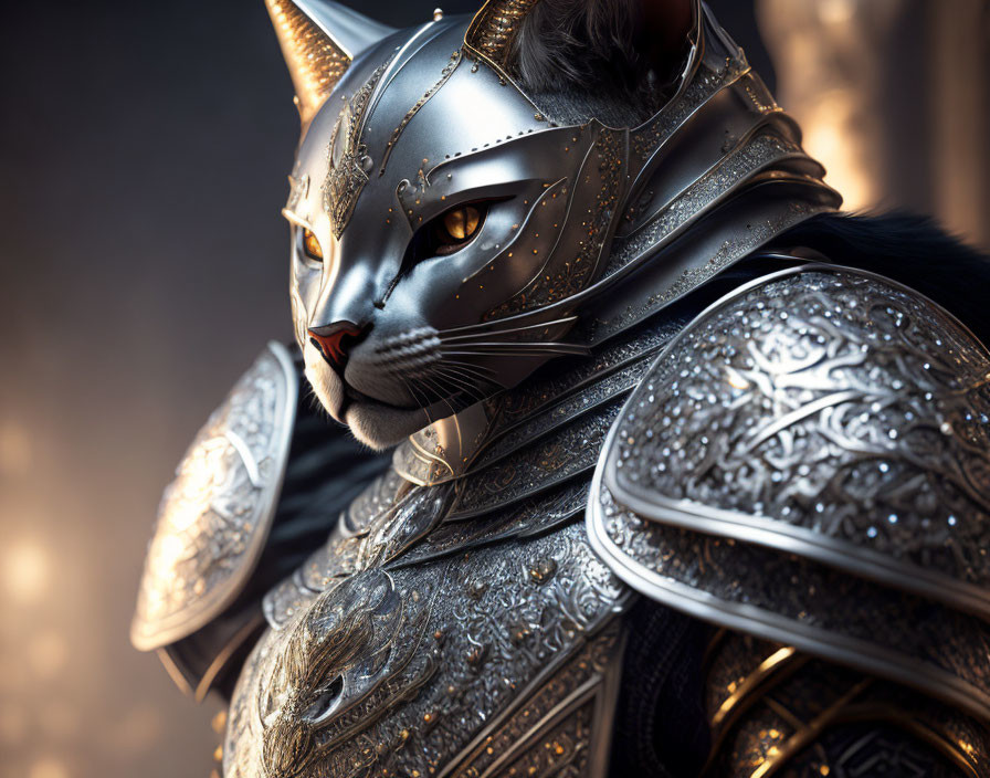 Regal Cat in Medieval-Style Silver Armor on Softly Lit Background