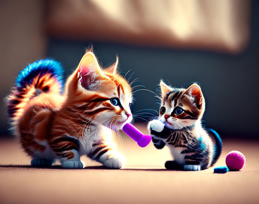 Adorable kittens playing with purple toy and pink ball on soft surface