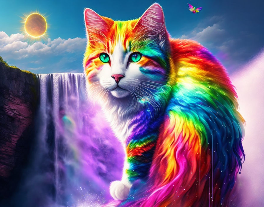 Colorful Rainbow Cat with Butterfly by Waterfall