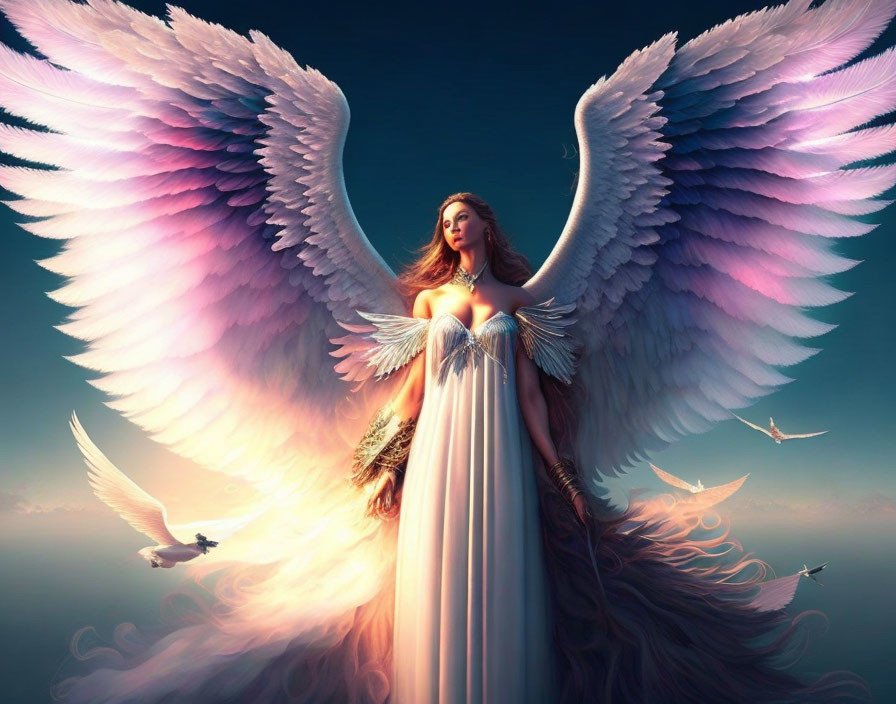 Serene angel with expansive wings in soft blue sky symbolizing purity and grace