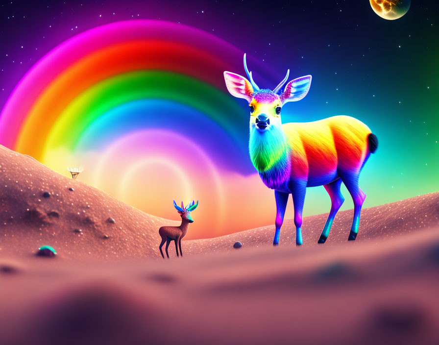 Colorful surreal landscape with neon rainbow and deer on purple terrain