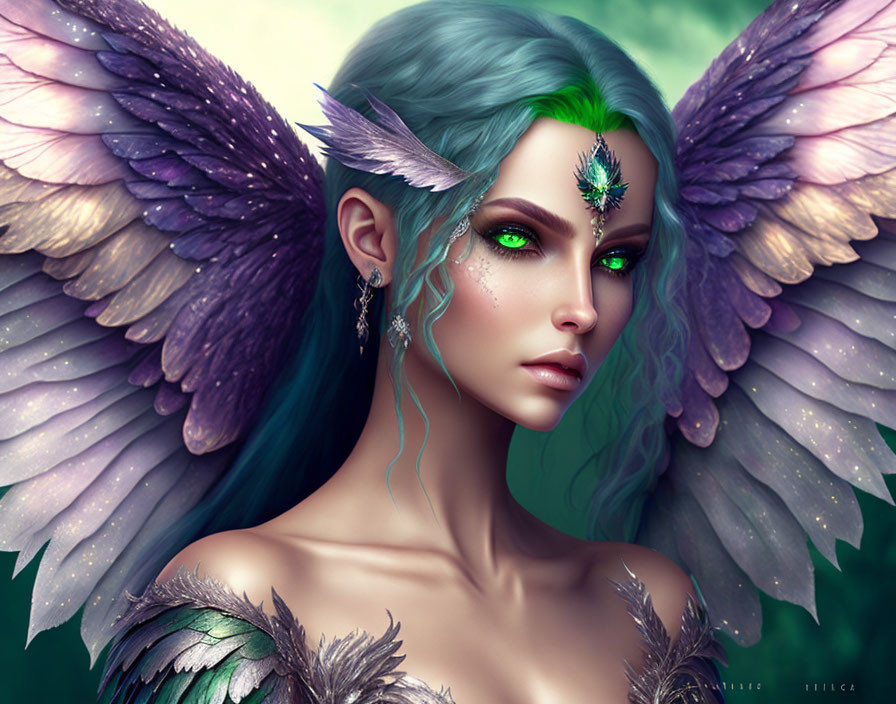 Fantasy character with green hair, luminous eyes, and detailed purple wings