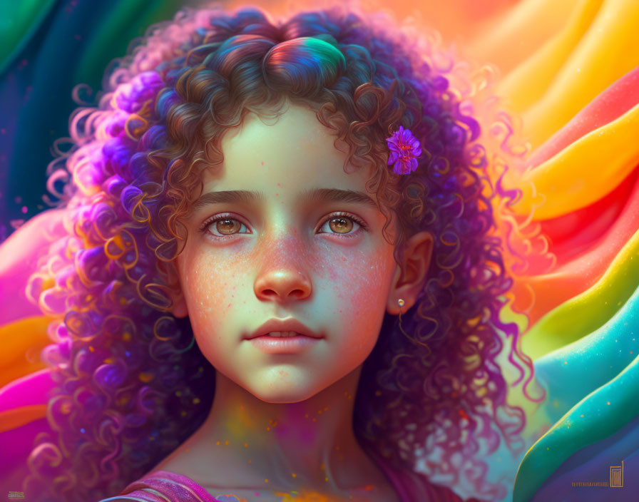 Colorful digital artwork: Young girl with curly hair, freckles, and rainbow background
