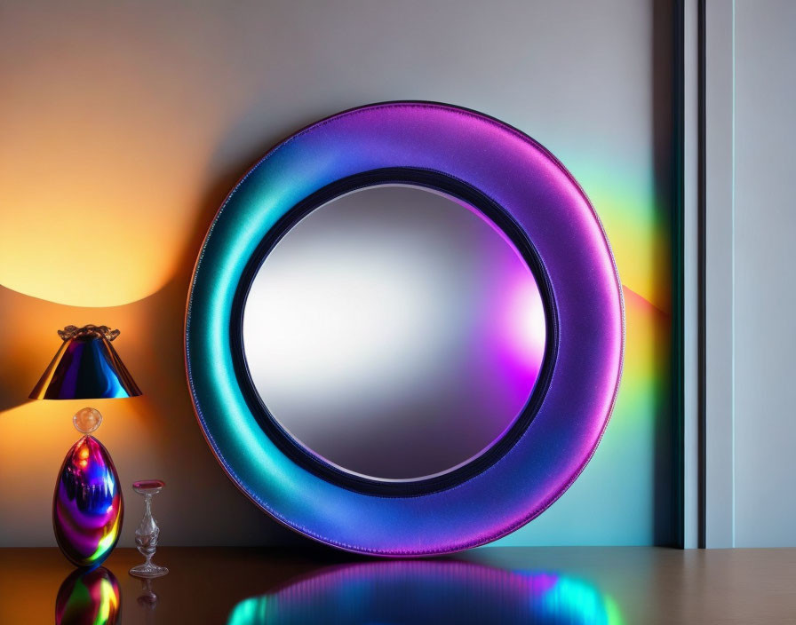 Circular iridescent frame mirror reflecting ambient light with glass decor