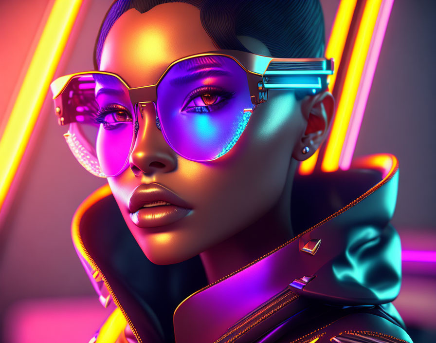 Vibrant 3D illustration of woman with futuristic sunglasses & neon lights