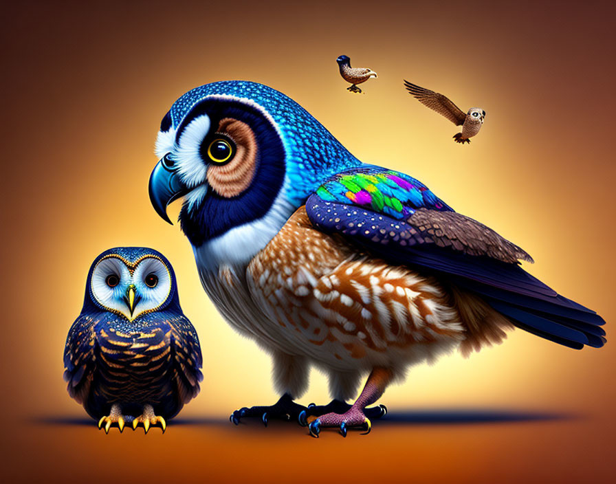 Vibrant owl illustration with large multicolored owl, small brown owl, and flying owls