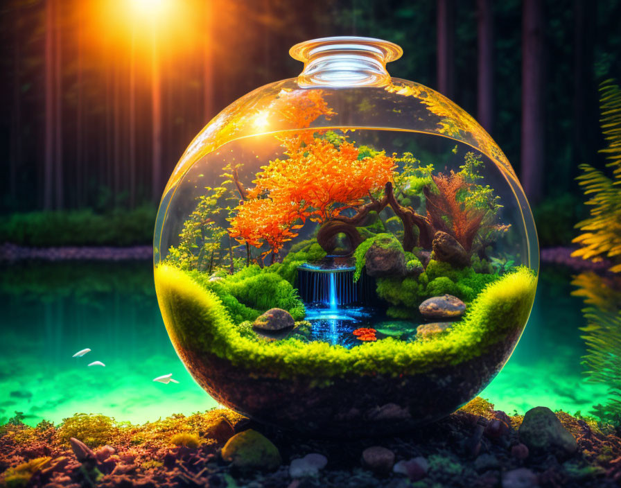 Miniature tree terrarium with waterfall and sunset glow by forest pond