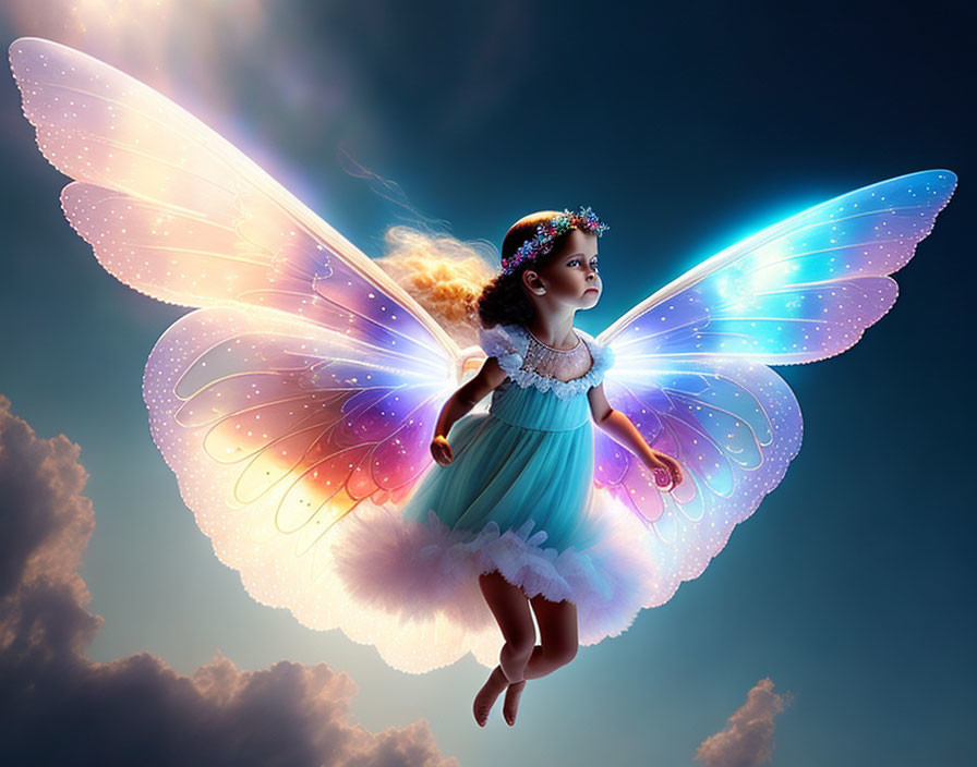 Young girl with colorful butterfly wings and floral headband in mid-flight against dramatic sky.