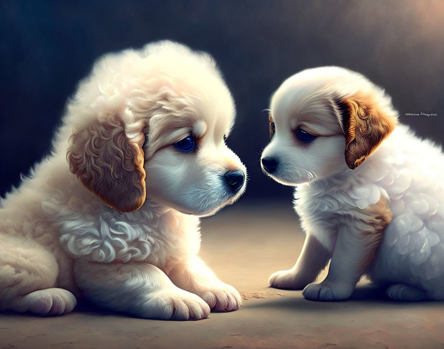 Fluffy white and beige puppies with expressive eyes