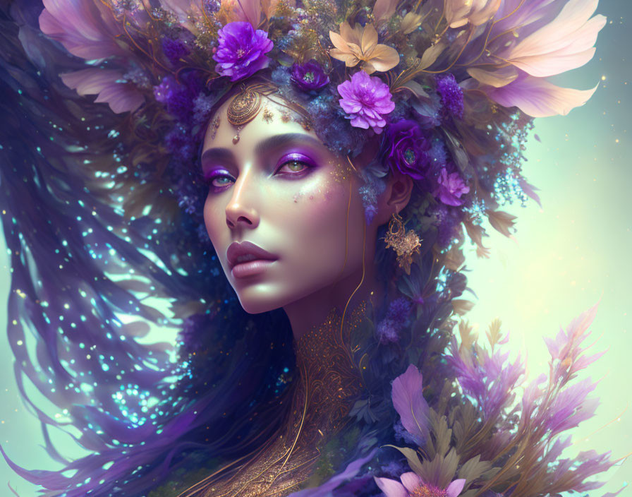 Portrait of woman with violet eyes, floral crown, nebula-like hair, golden accents, and mystical