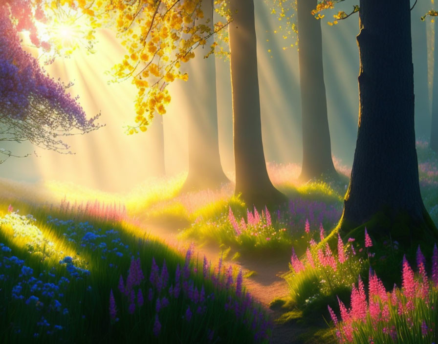 Forest Path with Vibrant Flowers and Trees in Sunlight