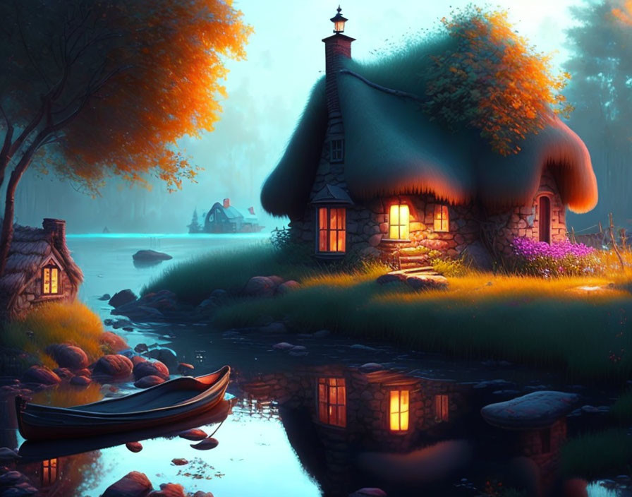 Thatched-Roof Cottage by Calm River at Dusk