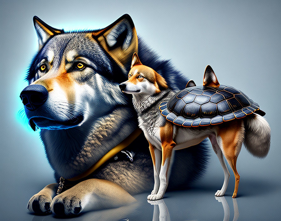 Realistic wolf and fox with turtle shell on reflective surface