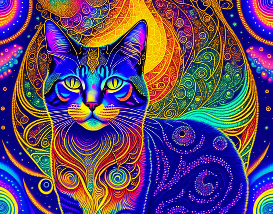 Colorful Psychedelic Cat Artwork with Celestial Motifs