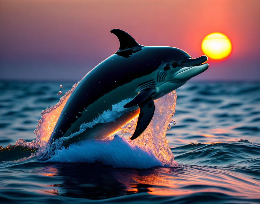 Dolphin leaping from ocean at sunset with water splash and warm sun glow