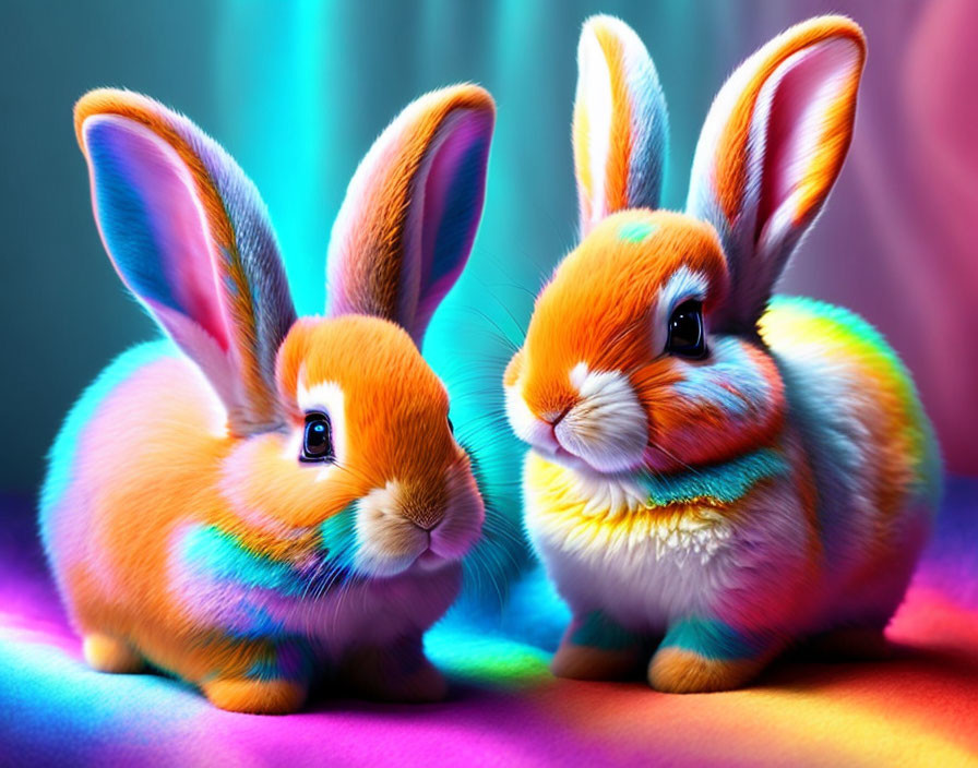 Vibrant neon-hued rabbits under multicolored lighting
