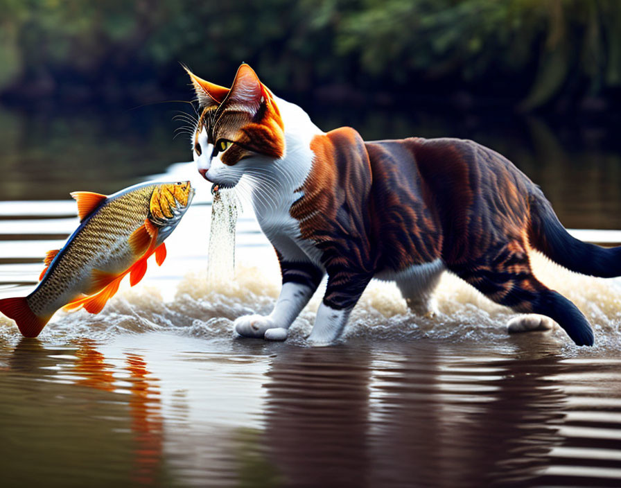 Cat with Tiger-Like Markings Nosing Fish by River's Edge