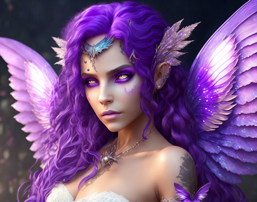 Fantasy Artwork: Female Figure with Purple Hair, Violet Eyes, and Iridescent Wings