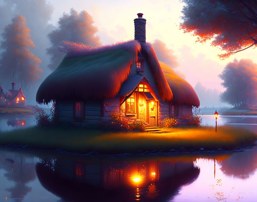 Thatched-Roof Cottage by Serene Lake at Twilight