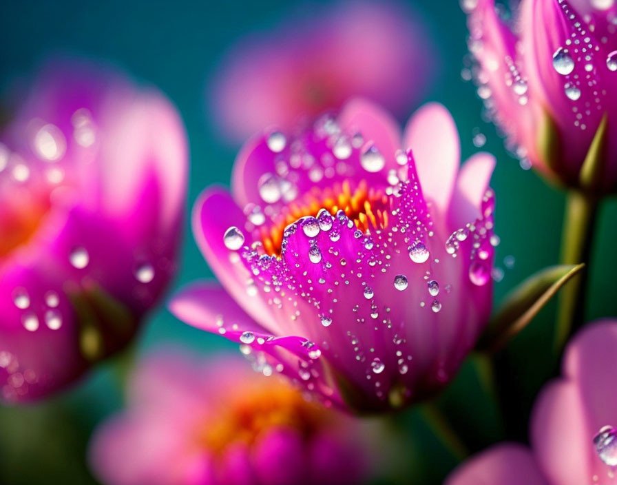 Vibrant pink flowers with dewdrops showcasing fresh and delicate beauty