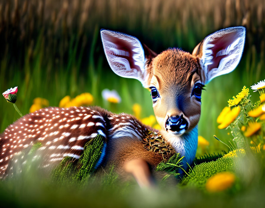 Spotted fawn in colorful garden setting