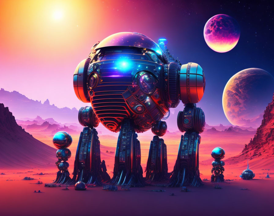 Futuristic artwork featuring robotic spheres in alien desert landscape
