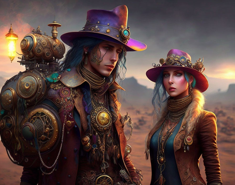 Steampunk-themed individuals in desert setting at dusk