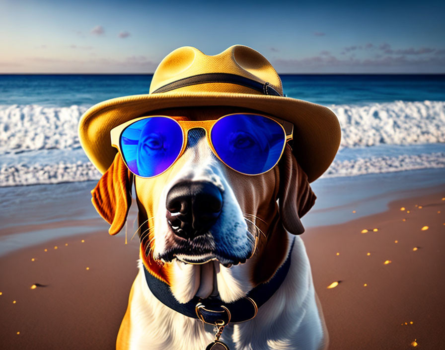 Dog in Hat and Sunglasses at Beach with Ocean View