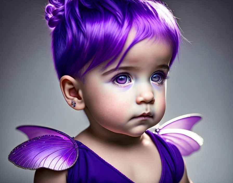 Digitally altered image of toddler with purple hair and butterfly wings