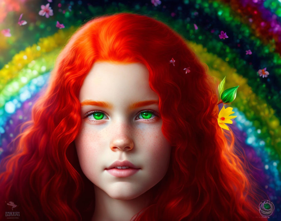 Colorful digital portrait of a girl with red hair and green eyes.