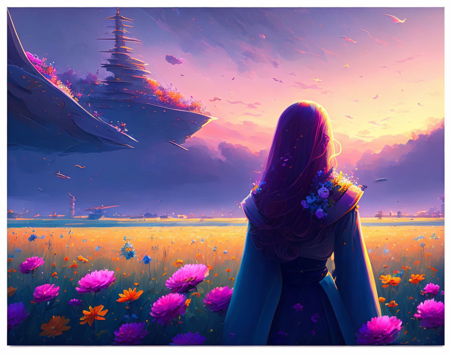Person admiring colorful flowers in field with futuristic ship hovering above