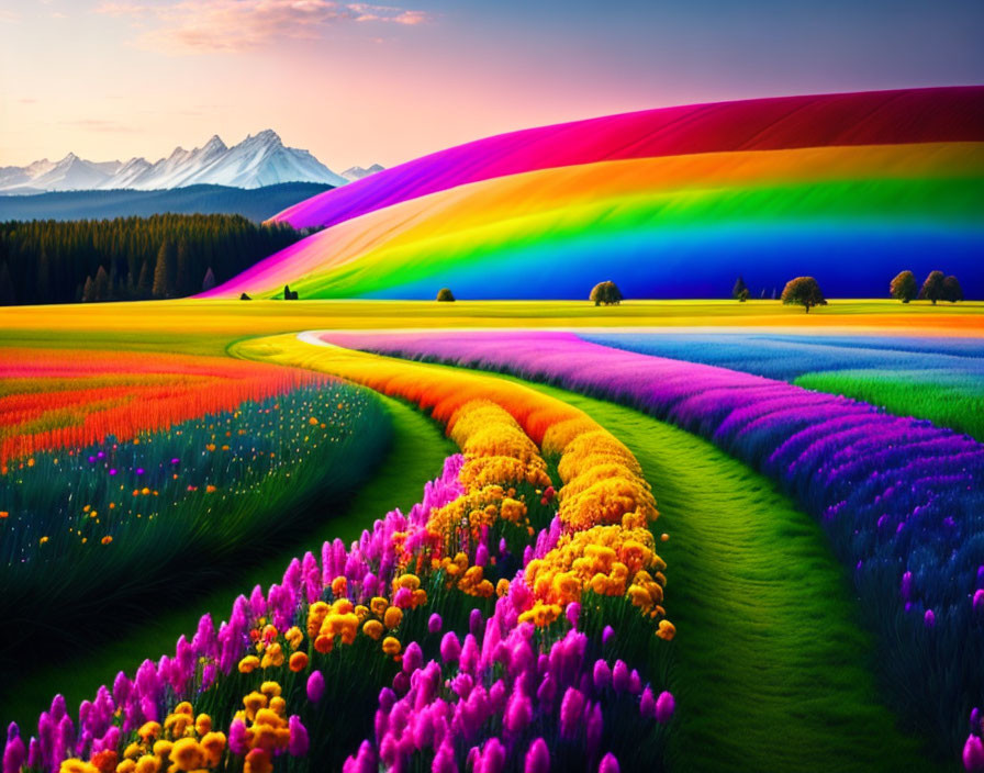 Colorful Flower Landscape with Rainbow Over Mountain at Sunset