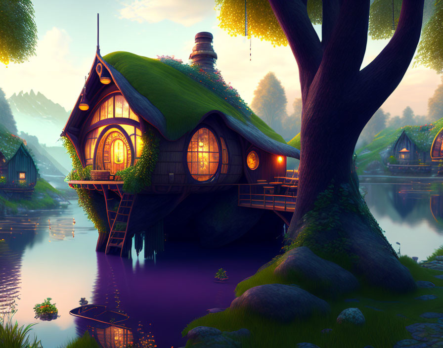Fairytale-like Cottage with Grass Roof by Tranquil Lake at Dusk