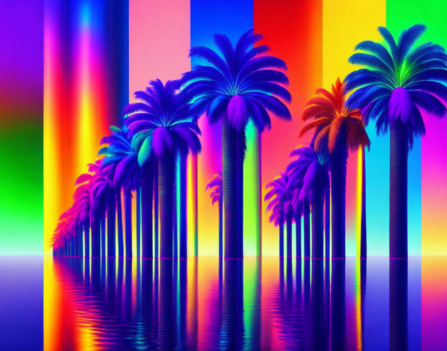 Colorful digital artwork: Palm trees mirrored over water on rainbow background