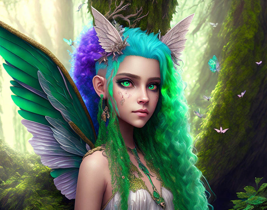 Fantasy portrait: Female with blue hair, green highlights, feathered wings, and butterfly companions in