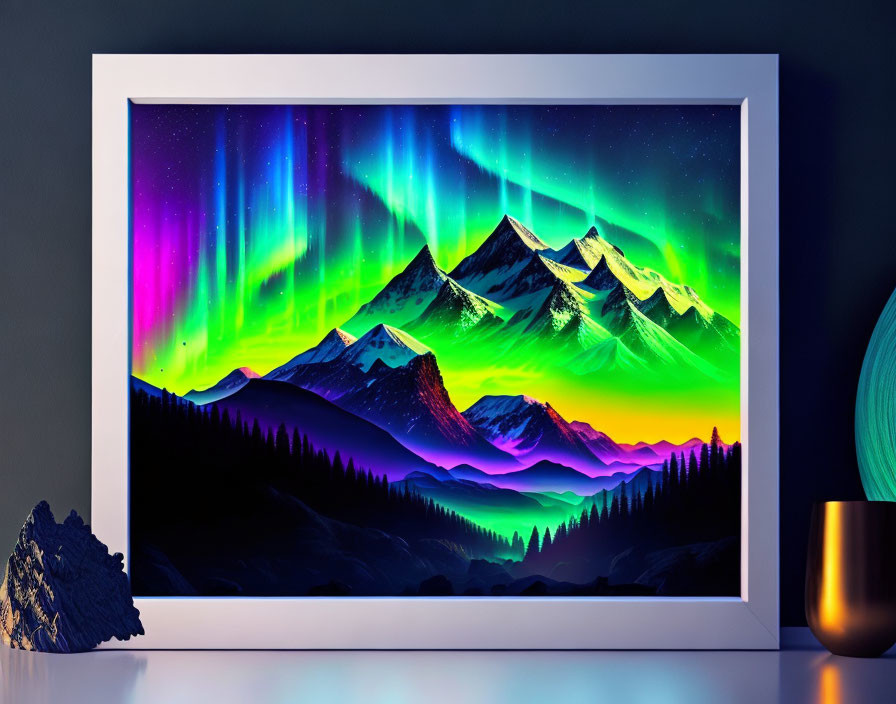 Northern Lights digital art in white frame on shelf