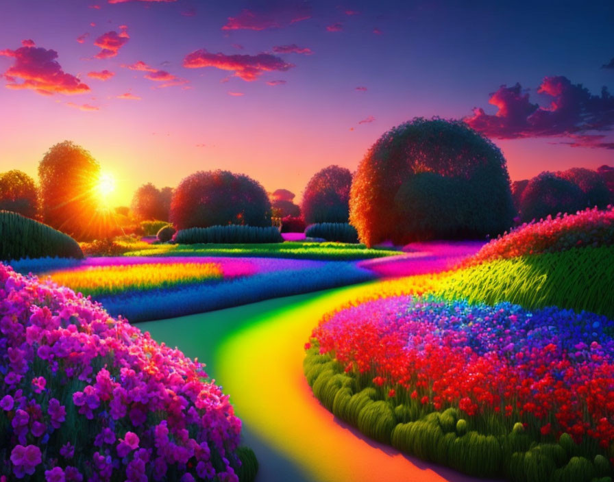Colorful Sunset Garden with Flower Beds, Hedges, and Winding Pathway