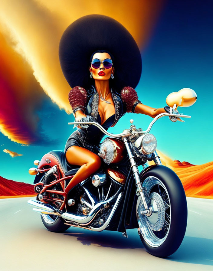 Colorful depiction of woman on custom motorcycle in desert sunset