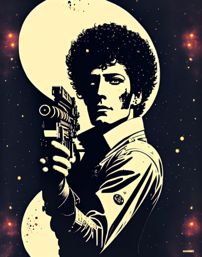 Retro stylized man with afro silhouette holding sci-fi blaster in cosmic setting