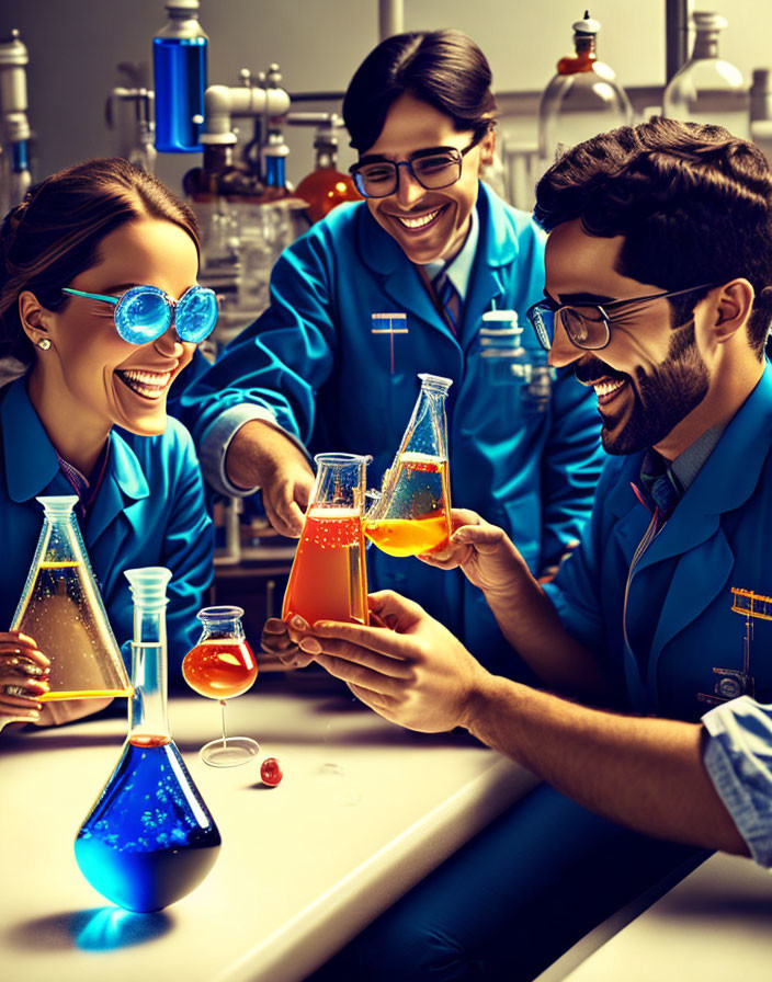 Three Scientists Clanking Beakers in Laboratory
