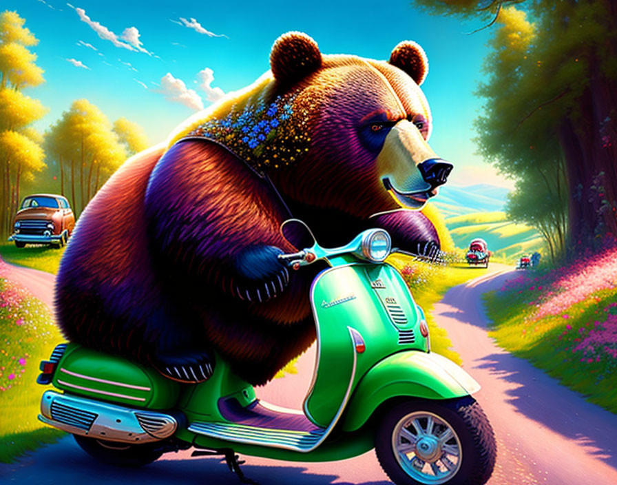 Whimsical bear riding green scooter on vibrant road