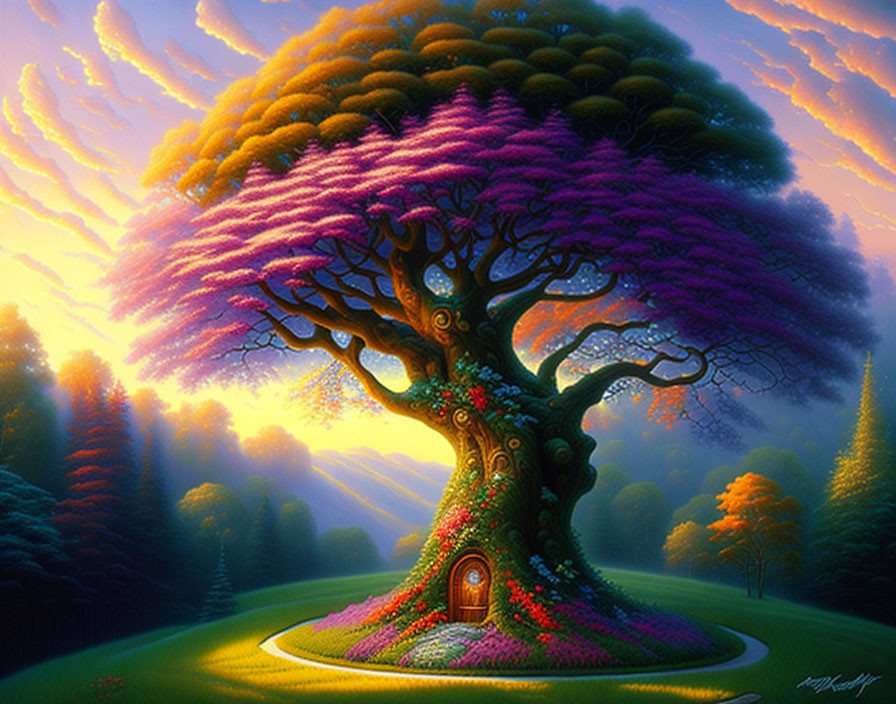 Colorful fantasy art: Whimsical tree with doorway, vibrant flowers, radiant sky