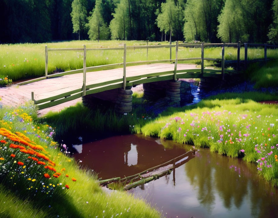 Tranquil wooden bridge over pond in peaceful countryside