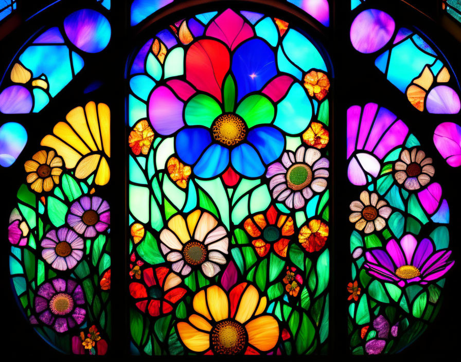 Vibrant Flower Stained Glass Window with Starburst Pattern