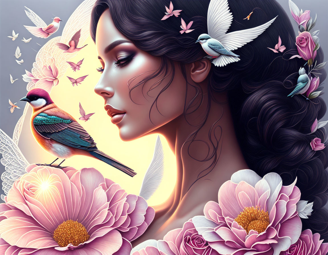 Illustrated portrait of woman with dark hair, roses, birds, butterflies, and vibrant flowers