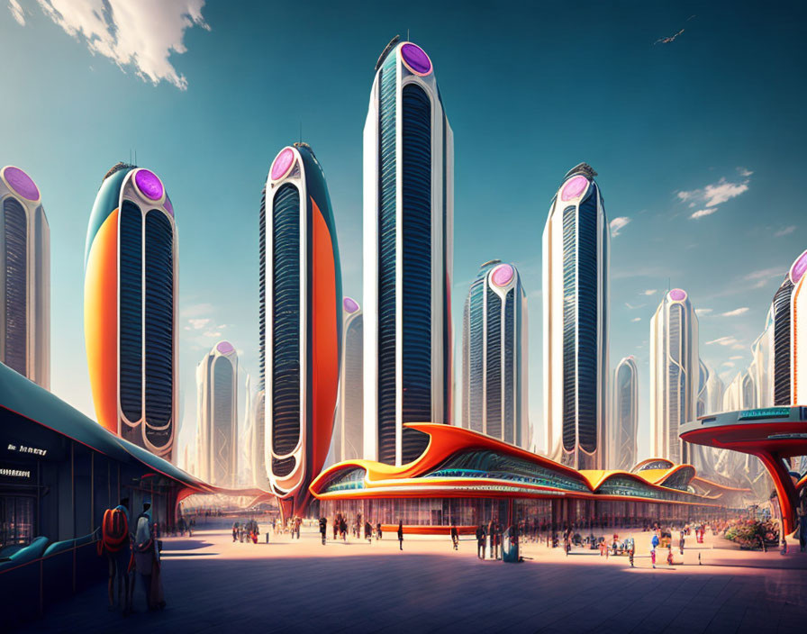 Vibrant futuristic cityscape with colorful high-rise buildings and advanced transportation.
