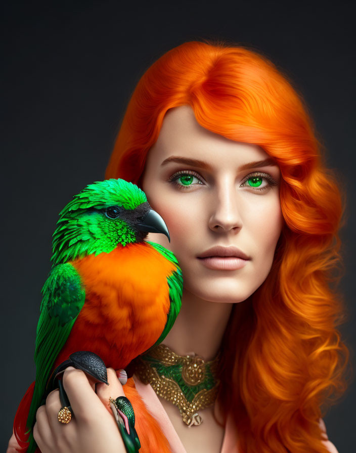 Vibrant red-haired woman holding green and orange parrot on dark background