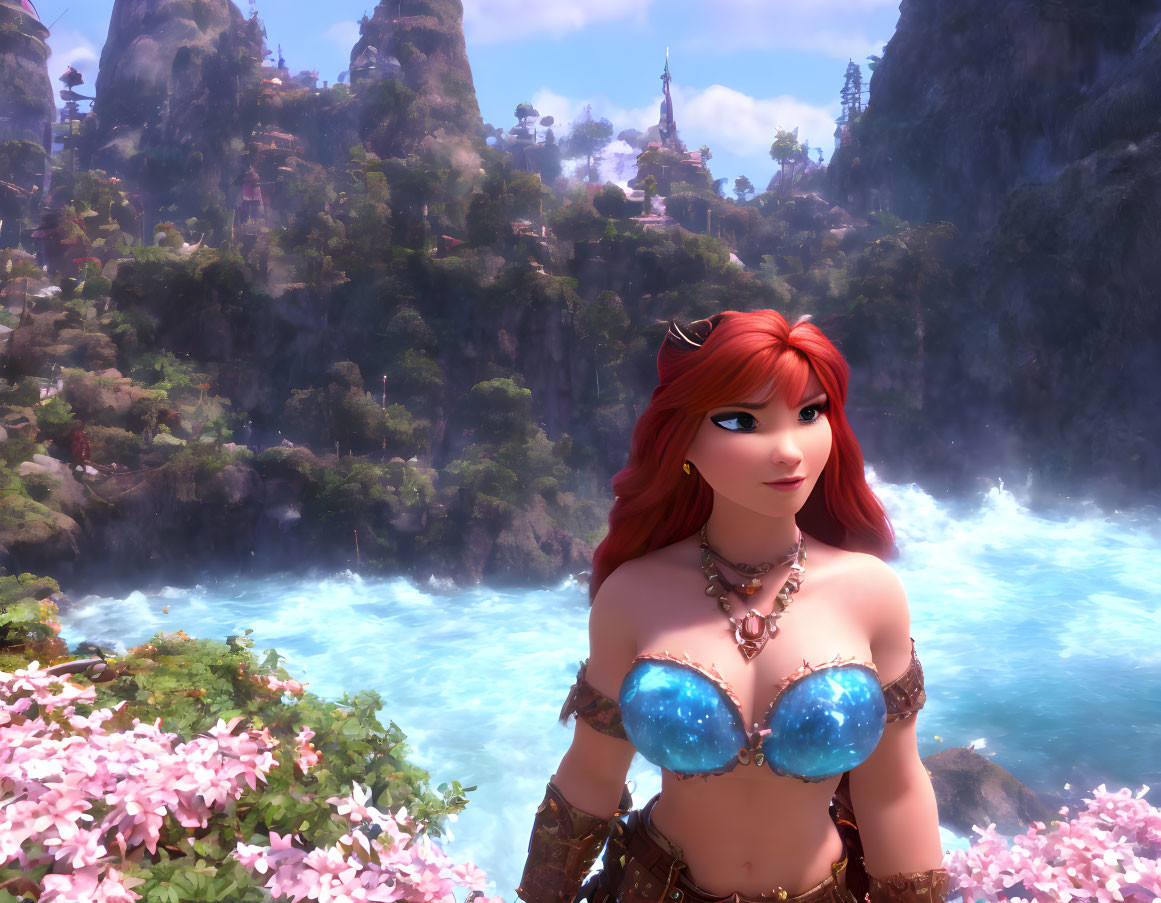 Red-Haired Animated Character in Fantasy Attire Amid Vivid Landscape