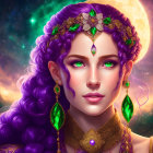 Vibrant purple-haired woman with emerald tiara in cosmic setting